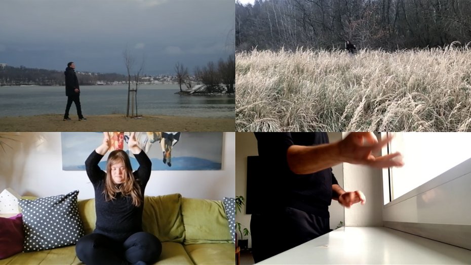 Eine Collage aus vier Fotografien. Eine Person spaziert an einem See im Winter. Eine Abbildung zeigt eine Person im hohen gefrorenen Gras im Winter. Eine Person sitzt mit geschlossenen Augen und nach oben gesteckten Armen im Schneidersitz auf dem Sofa. Ein Motiv zeigt Hände, die sich vor einem Fenster bewegen.