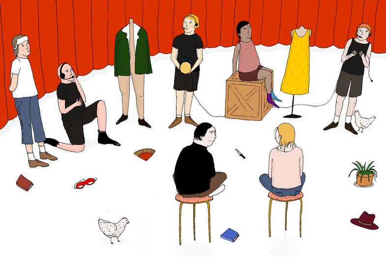 Simple hand drawing of a group of people and mannequins on a stage. Sometimes they sit and stand together in a circle. Some of them are stagehands dressed in black. Objects lie on the floor, such as a knife, a plant, a hat, two books, and a fan. There is a chicken on the left and right in the circle of the participants. In the background, the red stage curtain frames the scene.