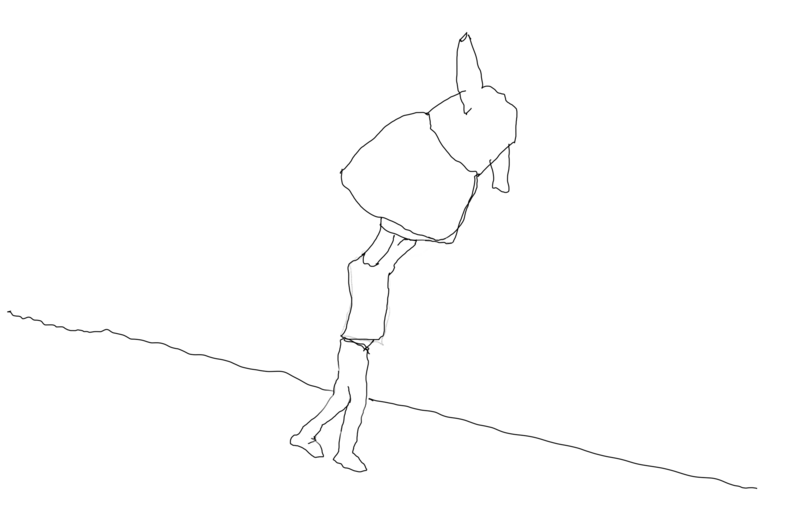 A simple line drawing: A person stands in an empty stage space and holds an inflatable figure without a head in the air