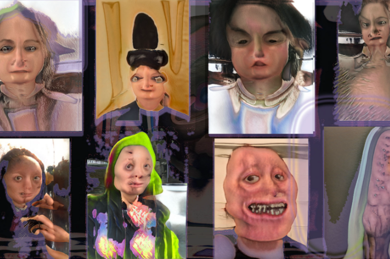 Eight AI-generated portrait photos with partially distorted facial features.