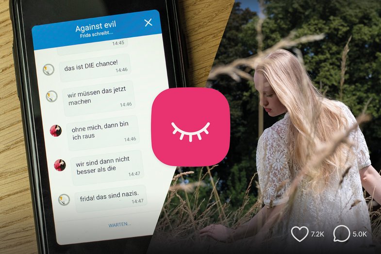 Merging of two photographs. On the left is a photograph of a smartphone showing part of a chat conversation between two people entitled “Against Evil”. On the right is a photograph of a woman in a field. Her back is to the camera. Her face can be seen in profile. Both photographs are connected with a pink icon. This shows a pictogram of a closed eye.