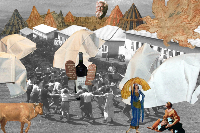 Eine Collage aus farbigen und schwarz-weißen Elementen. Im Zentrum des Bildes tanzen viele Menschen im Kreis um eine überlebensgroße Weinflasche. 