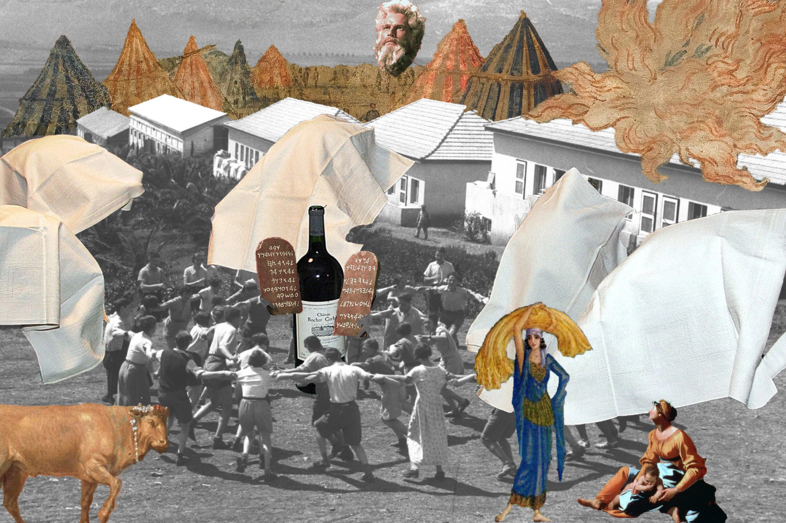 Eine Collage aus farbigen und schwarz-weißen Elementen. Im Zentrum des Bildes tanzen viele Menschen im Kreis um eine überlebensgroße Weinflasche. 