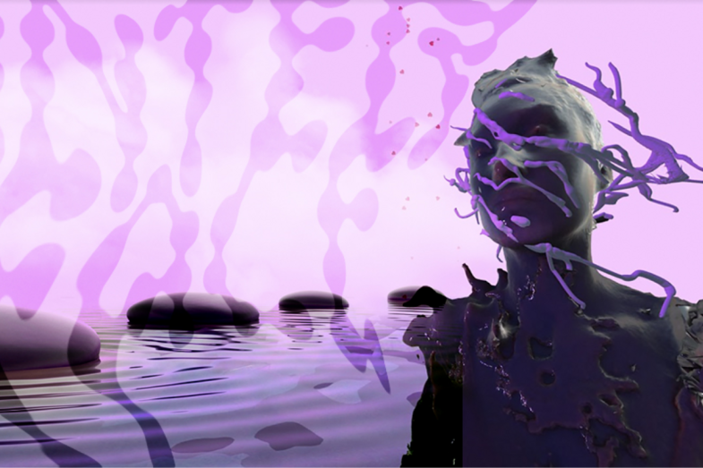 Recording of a 3D rendering. In the foreground is a white-grey bust made up of water-like fragments. The eyes are closed, the head turned to the left. Violet strands run through her face. In the background is shallow water in which rows of large, dark stones lie. The background is streaked with the words “Interface” in a stylistic font. The color character is magenta.