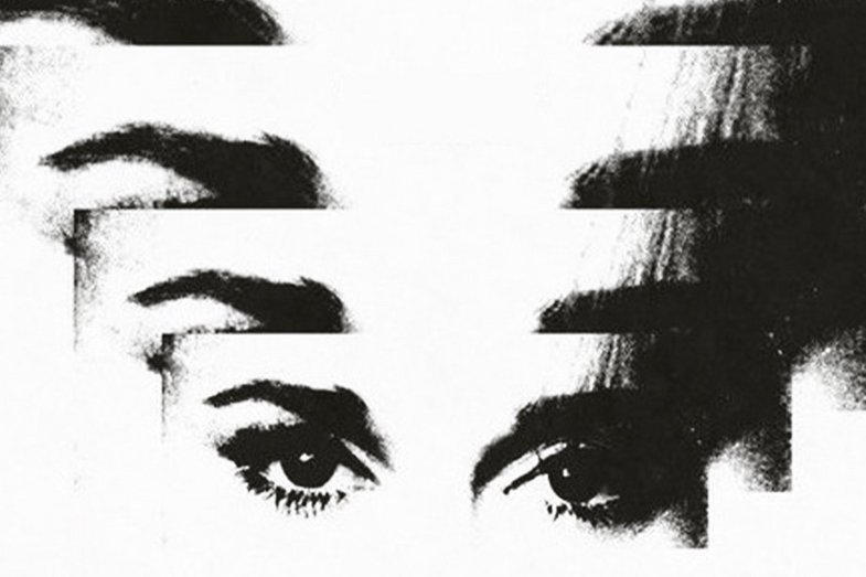 A photo collage in black and white, made-up eyes and eyebrows are enlarged and superimposed several times.