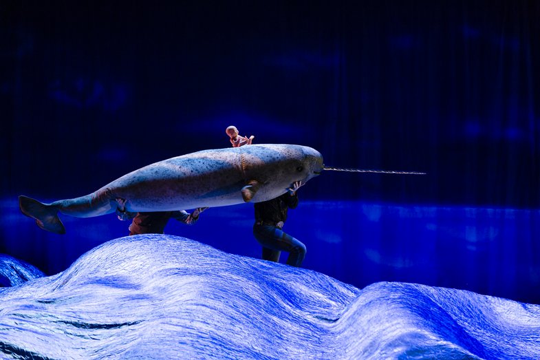 Two people depict a narwhal swimming. A baby doll sits on the whale's back. Waves are simulated with a tarpaulin in the foreground.