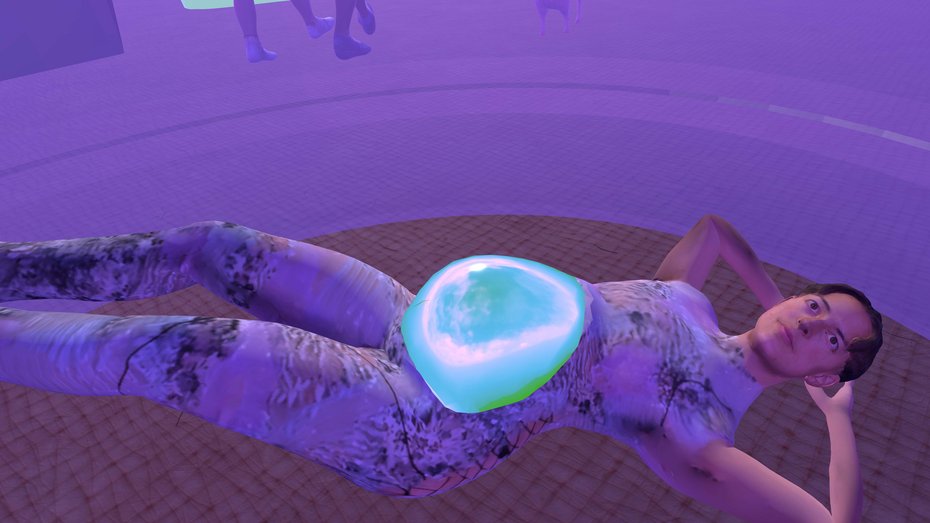 Ein Avatar liegt in einer entspannten Pose auf dem Boden. Der runde Bauch leuchtet.