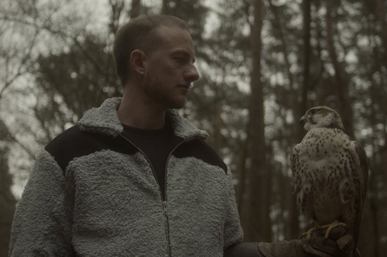 Photo of Ian Kaler with a glove on his left hand and a hawk sitting on it. Kaler is standing in the forest.