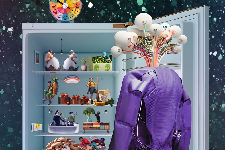 An AI picture of an open fridge. On top of the fridge is a multicolored clock with different facial expressions. Standing in front of the open fridge is a purple jacket and instead of a head there are hundreds of cables sticking out with white balls at the end.  Inside on the shelves of the fridge are little human figures. On the top shelf there are wo sitting on eggs, and one in a box of peas.