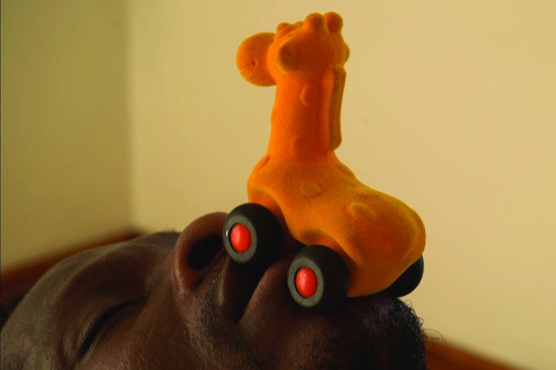 A toy giraffe stands on the face of a person.