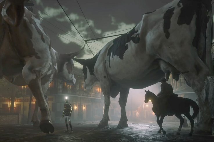 Ein Bild aus dem Spiel Red Redemption mit zwei riesigen Kühen, einem Roboter und der Silhouette einer Person auf einem Pferd, die durch eine Stadt reitet.