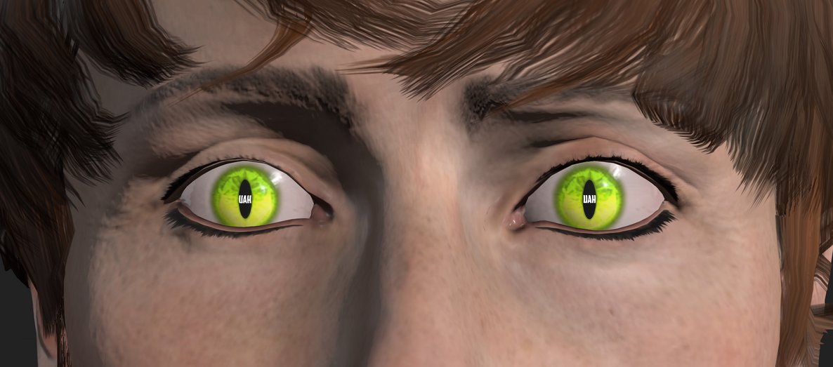 Close-up of the eyes of an HAU avatar.