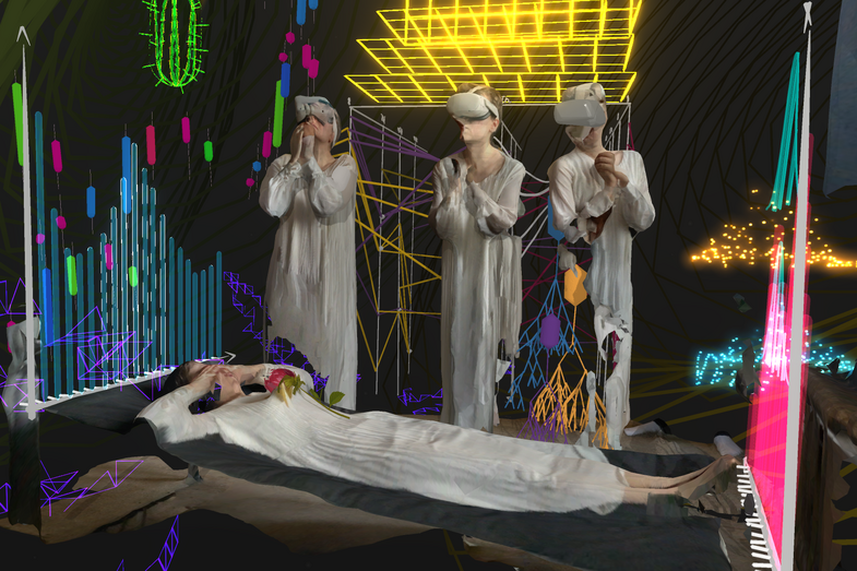 Digital rendering of a wake. Three human avatars in long robes with VR glasses stand in front of a bier with folded hands. They are connected to cables.