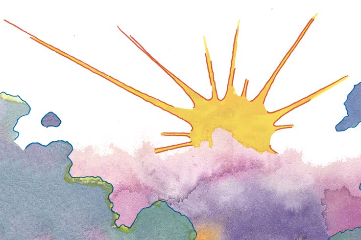 Watercolor drawing of a sun appearing from behind the clouds.