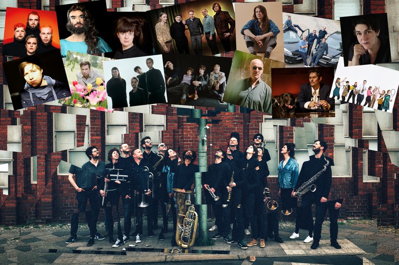 A photo of a group of people with different brass instruments. Her gaze is directed towards the sky. Above the heads is a collage of several portraits of different people.