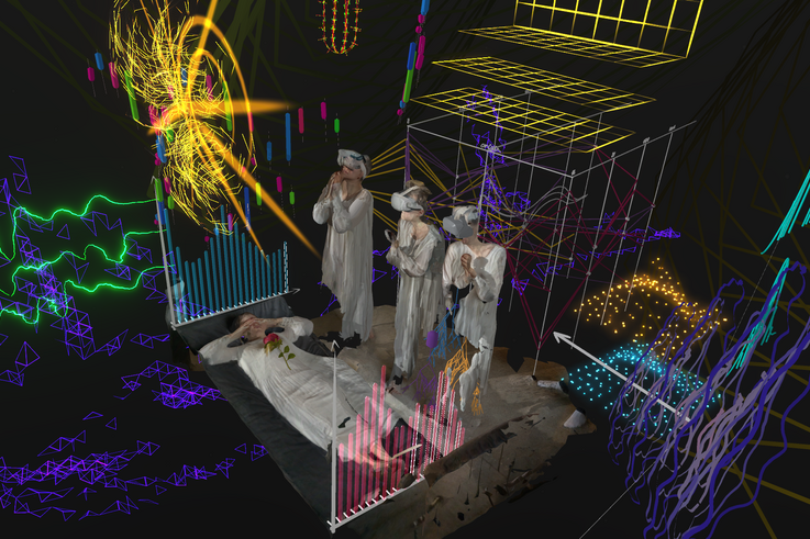 Digital rendering of a wake. Three human avatars in long robes with VR glasses stand in front of a bier with folded hands. They are connected to cables.