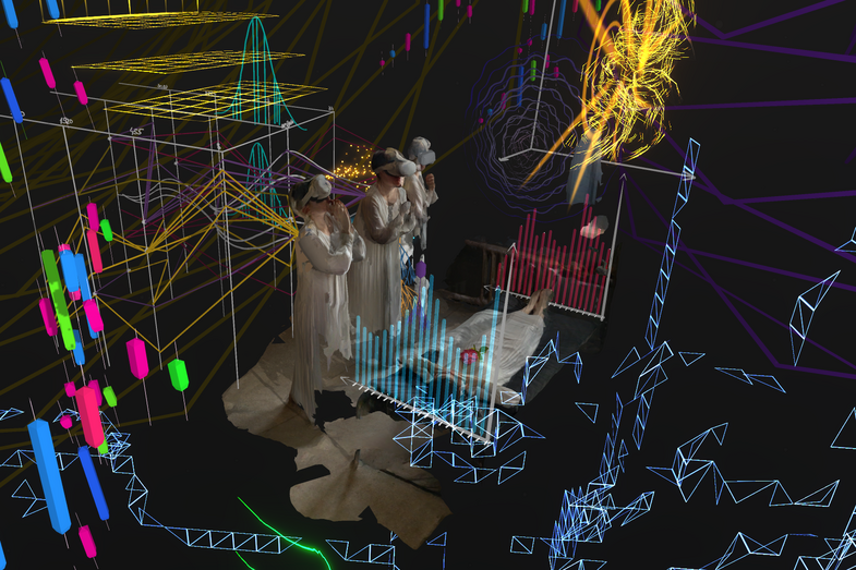 Digital rendering of a wake. Three human avatars in long robes with VR glasses stand in front of a bier with folded hands. They are connected to cables.