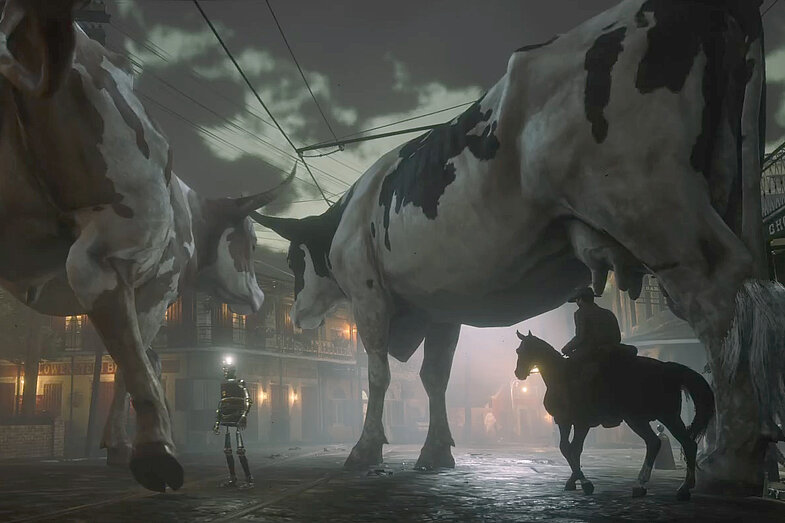 A still from the game red redemption with two giant cows, a robot and the sillohette of someone on a horse riding through a town. 