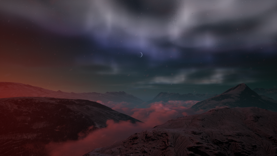 Rendering einer Gebirgslandschaft, durch die Wolken schweben. Darüber befinden sich ein Sichelmond und Nordlichter.