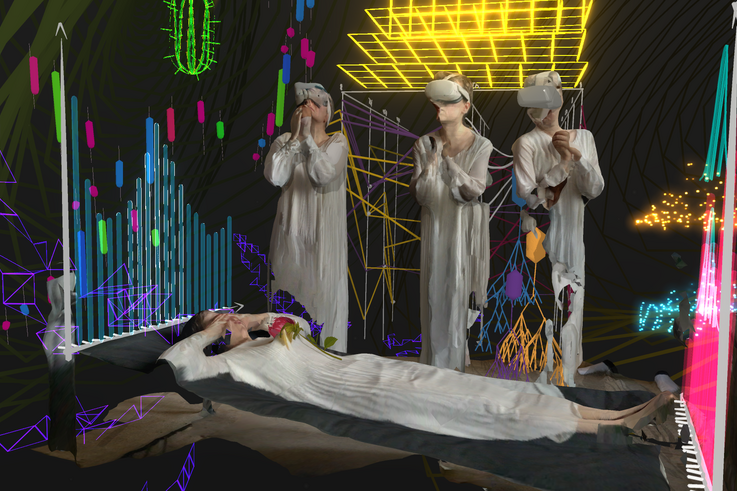 Digital rendering of a wake. Three human avatars in long robes with VR glasses stand in front of a bier with folded hands. They are connected to cables.