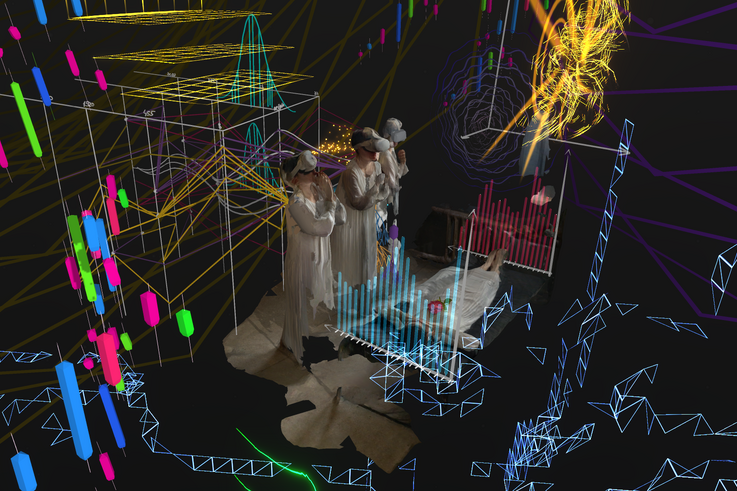 Digital rendering of a wake. Three human avatars in long robes with VR glasses stand in front of a bier with folded hands. They are connected to cables.